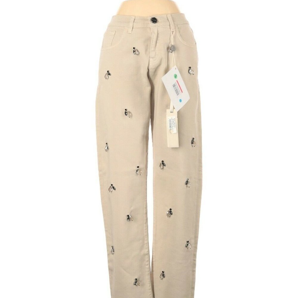 $$$ NWT PINKO BEIGE KHAKI TAN GRAY CRYSTAL EMBELLISHED DENIM JEANS COTTON